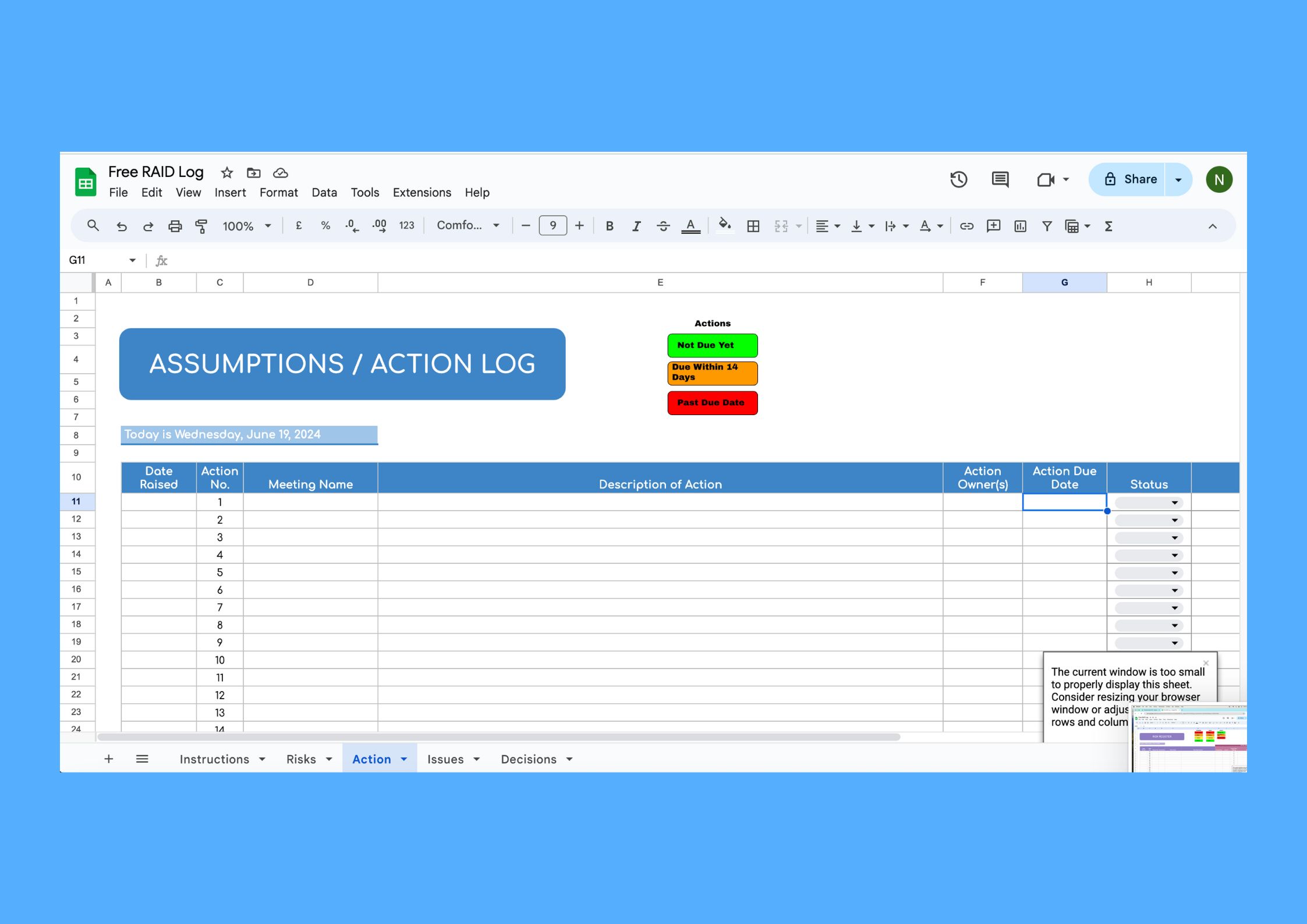 RAID log, actions and assumptions template project management