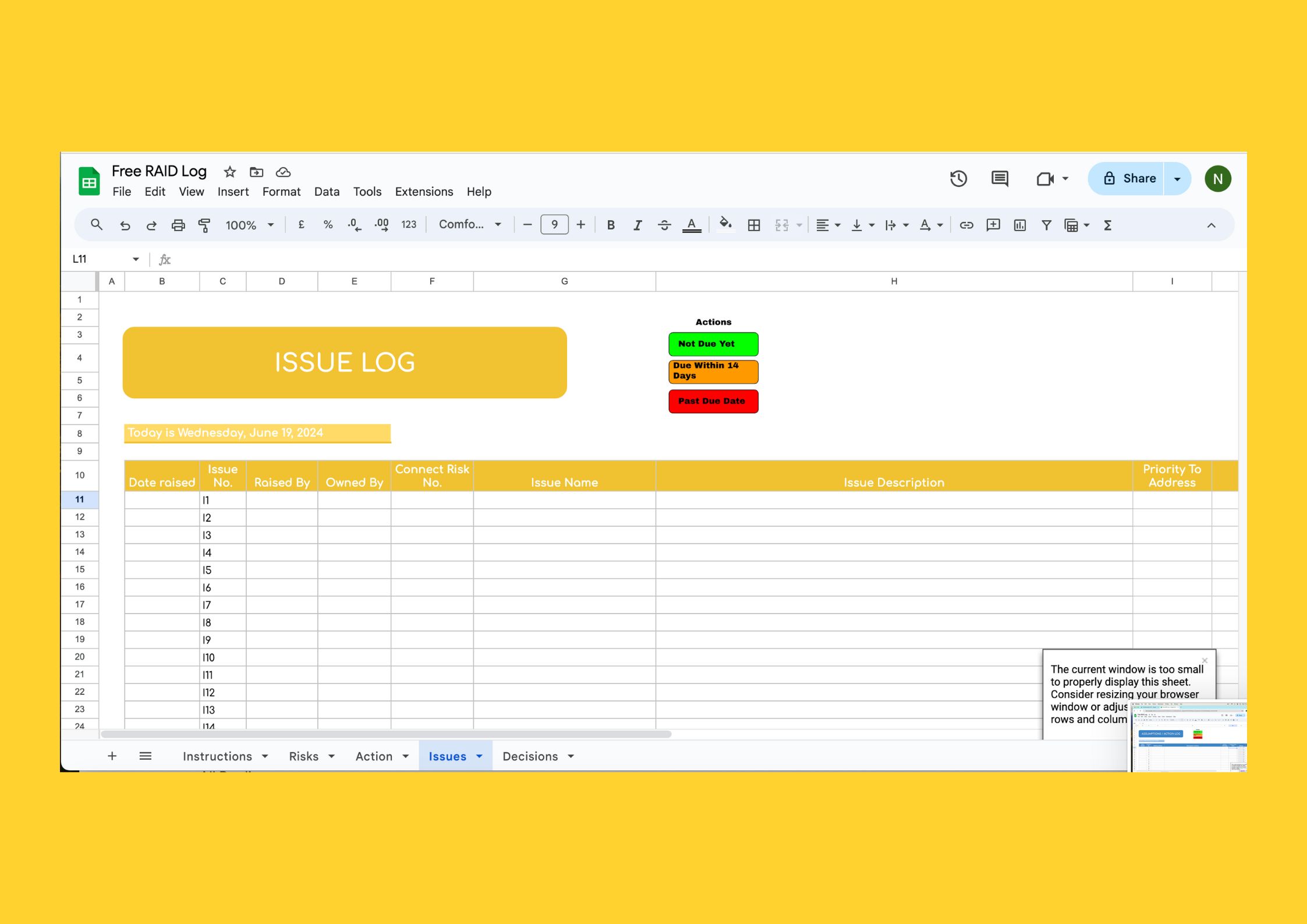 RAID Issue log template example project management