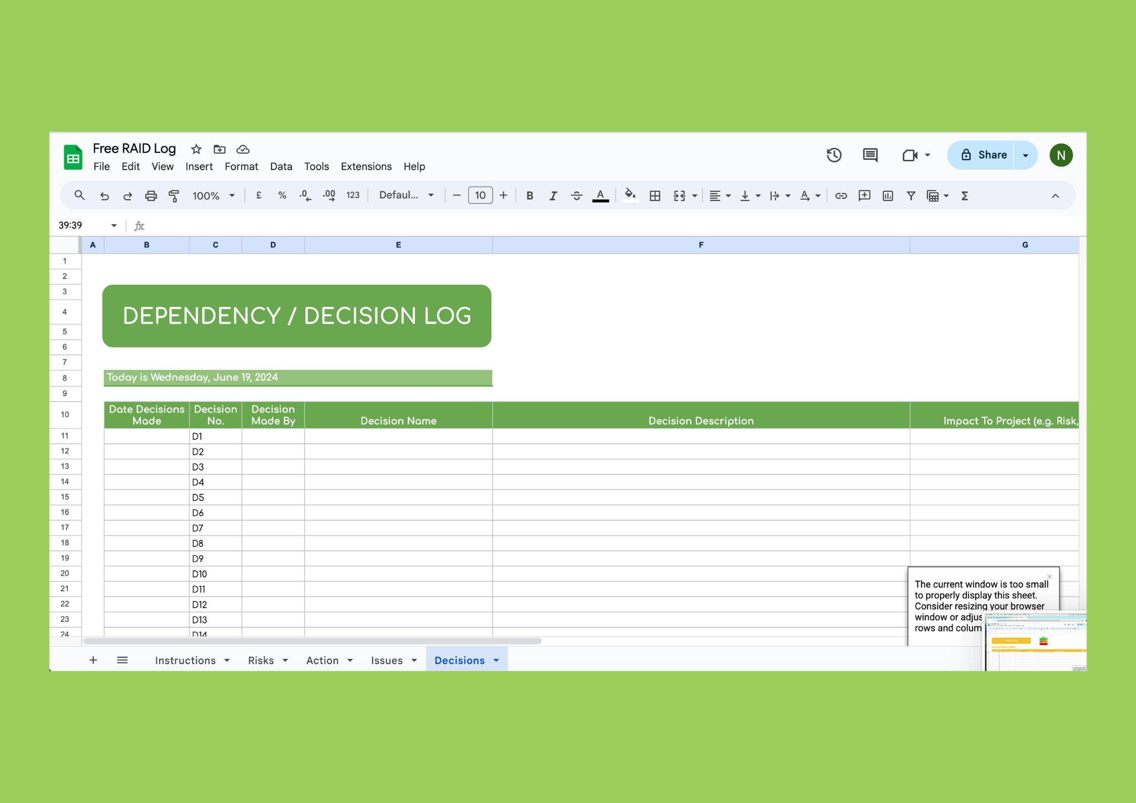 RAID log Decision an Dependency log template Project Management